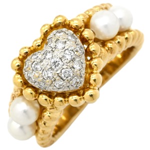 リング 指輪 ダイヤ K18YG ゴールド パヴェ YG Au750 18K 18金 ハートモチーフ 真珠 パール4粒  中古