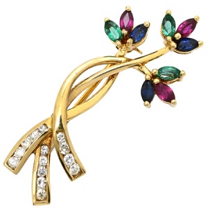 ブローチ ルビー 0.34ct ブルーサファイア エメラルド ダイヤ K18YG ゴールド 赤 青 緑 フラワー 花束 ブーケ リボン 中古