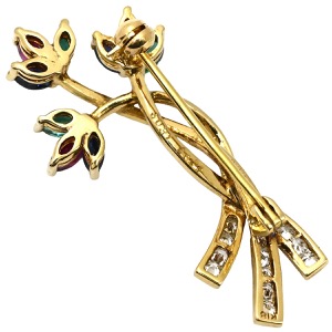 ブローチ ルビー 0.34ct ブルーサファイア エメラルド ダイヤ K18YG ゴールド 赤 青 緑 フラワー 花束 ブーケ リボン 中古