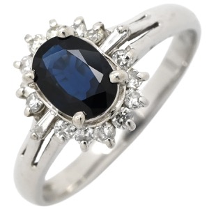 リング 指輪 ブルーサファイア 0.81ct ダイヤモンド Pt850 シルバー 青 ブルー Pt850 オーバルミックスカット 1石 中古