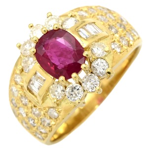 リング 指輪 ルビー ダイヤ K18YG レッド 1.03ct イエローゴールド Au750 18K 18金 赤 オーバル バゲットカット メレ フラワーモチーフ  中古