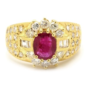 リング 指輪 ルビー ダイヤ K18YG レッド 1.03ct イエローゴールド Au750 18K 18金 赤 オーバル バゲットカット メレ フラワーモチーフ  中古