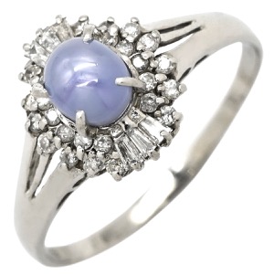 リング 指輪 スターサファイア 1.39ct ダイヤモンド Pt900 シルバー 青 ブルー プラチナ900 オーバルカボションカット 1石 中古