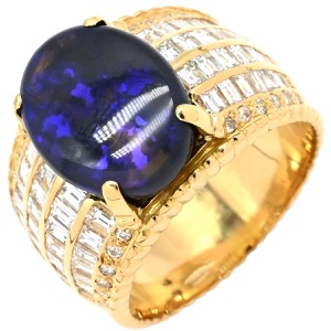 リング 指輪 ブラックオパール 4.9ct ダイヤモンド K18YG ゴールド 黒 遊色 オーバル 1石 1粒 マルチカラー 18K 750 YG 中古