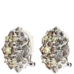 ピアス ダイヤピアス K18WG シルバー 18K Au750 WG 両耳用 フラワー クラスターデザイン1.00ct ブラウンダイヤ イエローダイヤ  中古