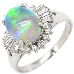 リング 指輪 ブラックオパール 2.62ct ダイヤモンドリング Pt900 シルバー オーバルカボションカット 1石 1粒 マルチカラー 遊色 中古