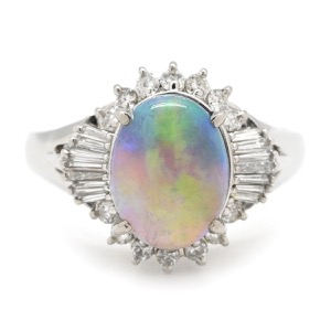 リング 指輪 ブラックオパール 2.62ct ダイヤモンドリング Pt900 シルバー オーバルカボションカット 1石 1粒 マルチカラー 遊色 中古