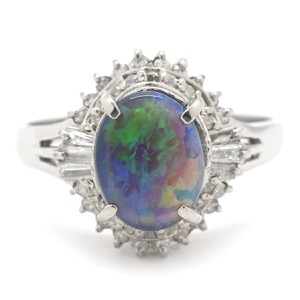 リング 指輪 ブラックオパール 0.8ct ダイヤモンドリング Pt900 シルバー オーバルカット 1石 1粒 マルチカラー 遊色 中古