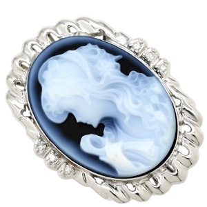 リング 指輪 カメオリング ダイヤ K18WG シルバー カルセドニー 彫刻  ダイヤモンド 18K WG 750 アンティーク  中古