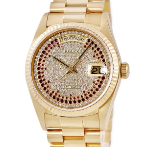 ロレックス デイデイト 36 18038 86番 K18YG無垢 純正ダイヤ ルビー プレジデントブレス 自動巻き