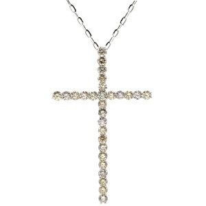ネックレス ダイヤ 2.00ct クロス ペンダント K18WG シルバー 十字架  ブリリアントカット 18K 750 WG 18金 ブラウンダイヤ  中古