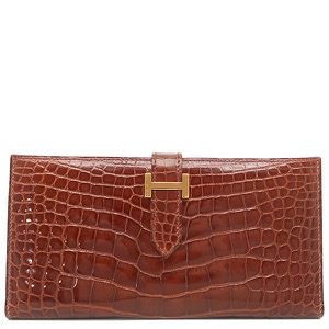 エルメス 長財布 ベアンクラシック アリゲーター ブラウン 茶 クロコ 二つ折り財布 中古