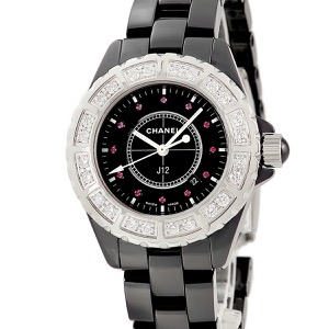 シャネル J12 H1634 ダイヤ 純正ルビー ブラックセラミック 黒 逆回転防止ベゼル デイト クオーツ