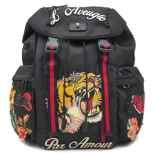 グッチ リュック・デイパック エンブロイダリー バックパック ナイロン ブラック 黒 タイガー 429037 中古