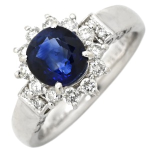 リング 指輪 ブルーサファイア ダイヤ Pt900 ブルー 1.47ct オーバルカット Pt900 プラチナム 青 メレ フラワーモチーフ  中古