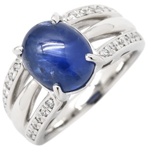 リング 指輪 ブルースターサファイア ダイヤ Pt900 ブルー 6.08ct オーバルカボションカット Pt900 プラチナム 青 天然石 サイドストーン  中古