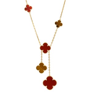 ヴァンクリーフアーペル ネックレス マジックアルハンブラ 6モチーフ K18YG ゴールド カーネリアン タイガーズアイ 赤 茶 750 18K YG VCARN5JP00 中古