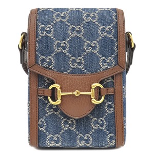 グッチ ショルダーバッグ ホースビット 1955 ミニ ショルダー レザー ブルー 青 茶 GGデニム  625615 中古