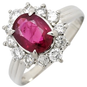 リング 指輪 ルビー 1.819ct ダイヤ 0.63ct Pt900 レッド 赤 1P 1石 1粒 プラチナ Pt900 メレダイヤ パヴェ ヘイローデザイン オーバル  中古