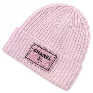 シャネル ニットキャップ ニット キャップ カシミヤ ピンク ニット帽 ビーニー ロゴ  AAB453 中古