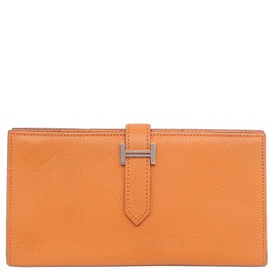 エルメス 長財布 ベアンスフレ シェーブル オレンジ 二つ折り財布 中古