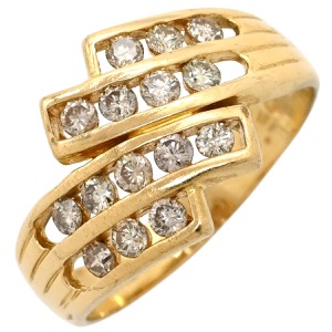 リング 指輪 ダイヤ 0.50ct K18YG ゴールド Au750 18K 18金 メレダイヤ 15P 15石 15粒 クロスライン ジグザグデザイン ウェーブ バイパス  中古