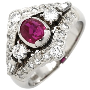 リング 指輪 ルビー 0.94ct ダイヤ 0.68ct Pt900 レッド 赤 1P 1石 1粒 プラチナ Pt900 メレダイヤ パヴェ バケット オーバル 楕円  中古