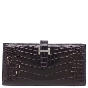 エルメス 長財布 ベアンスフレ アリゲーター パープル 紫 二つ折り財布 シャイン  中古