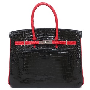 エルメス ハンドバッグ バーキン 35 ポロサス ブラック 黒 赤 バイカラー クロコ ルテニウム金具  中古