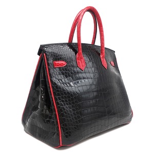 エルメス ハンドバッグ バーキン 35 ポロサス ブラック 黒 赤 バイカラー クロコ ルテニウム金具  中古