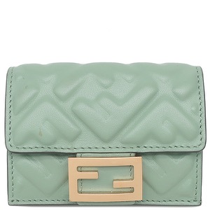 フェンディ 三つ折り財布 バゲット マイクロ トライフォールド レザー グリーン 緑  中古