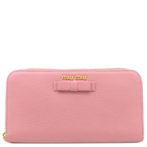ミュウミュウ 長財布 リボン付き ラウンドファスナー ウォレット レザー ピンク バイカラー 中古