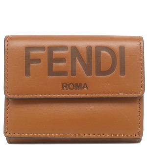 フェンディ 三つ折り財布 ロゴ ローママイクロ レザー ブラウン ミニ財布 茶  8M0395 中古
