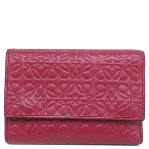 ロエベ 三つ折り財布 リピート スモール バーティカル ウォレット カーフ ピンク アナグラム エンボス加工   C499S97X04 中古