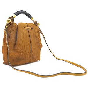 クロエ 2WAYバッグ ガラ ロングヘアーカーフ レザー イエロー 巾着 黄色 中古