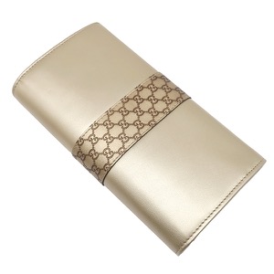 グッチ 長財布 二つ折り財布 レザー ブラック マイクログッチシマ ロングウォレット ダブルG ゴールド  233028 中古